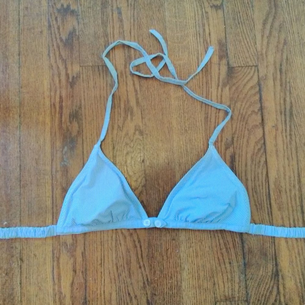 Bikini Swim Top Button Tie Blue White Stripe